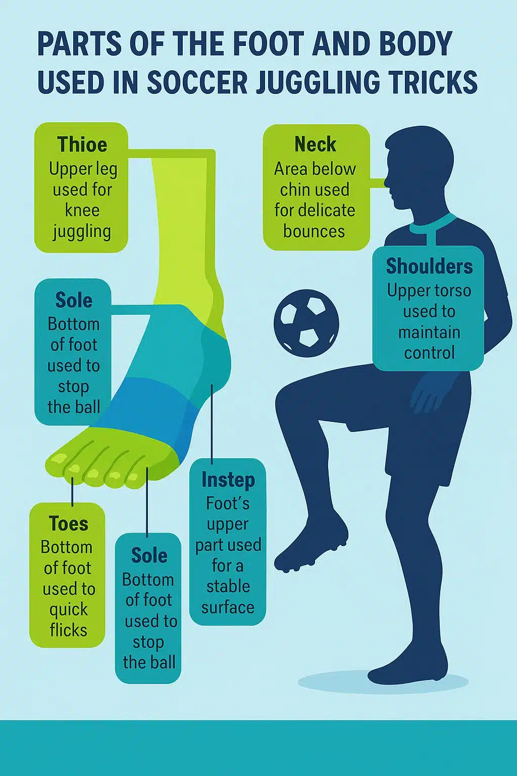 diagram showing foot and body parts used in soccer juggling tricks with labels and descriptions
