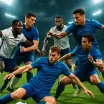 6 Powerful Soccer Defense Drills Every Soccer Ball Lover Needs 8 dynamic group of players performing various soccer defense drills on illuminated stadium pitch