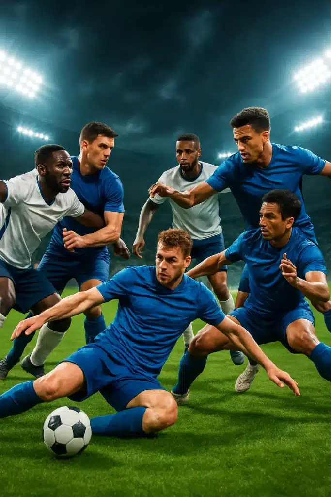 dynamic group of players performing various soccer defense drills on illuminated stadium pitch