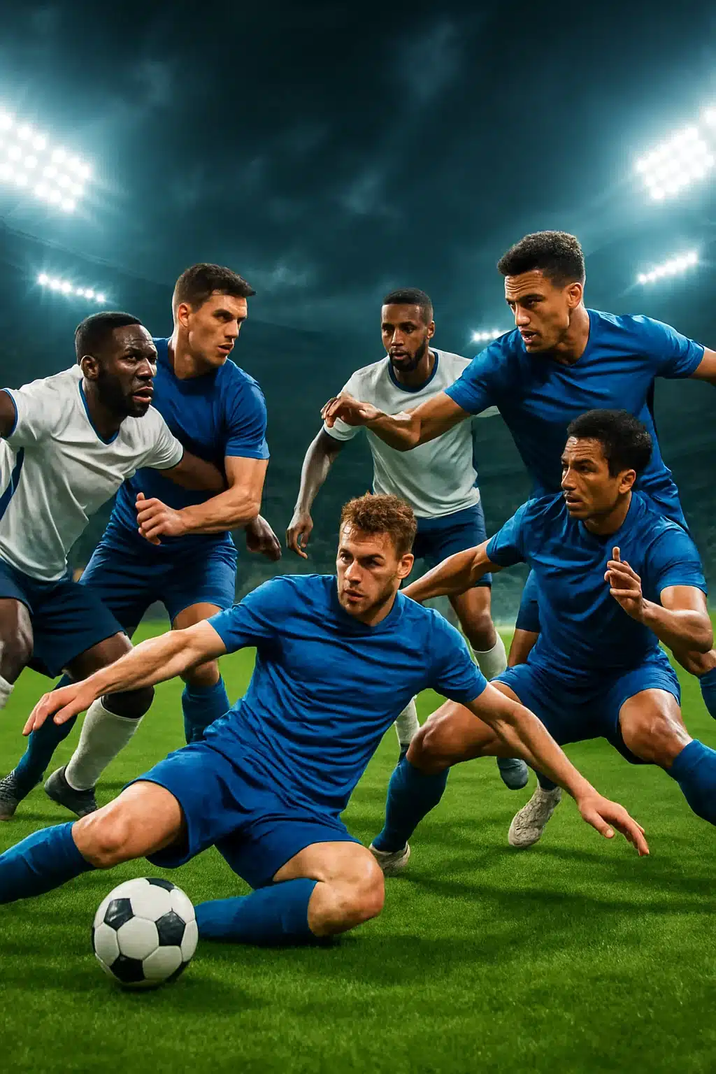 dynamic group of players performing various soccer defense drills on illuminated stadium pitch