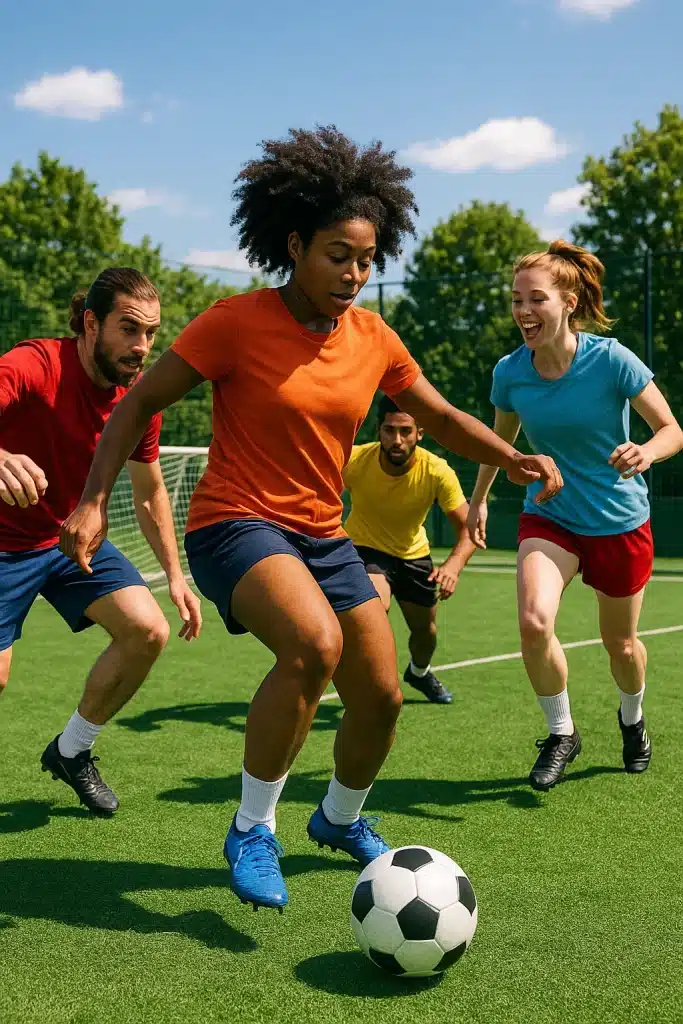 dynamic scene of players enjoying soccer small-sided games on vibrant green pitch