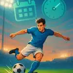 dynamic soccer player on field with calendar and stopwatch icons representing soccer training schedule