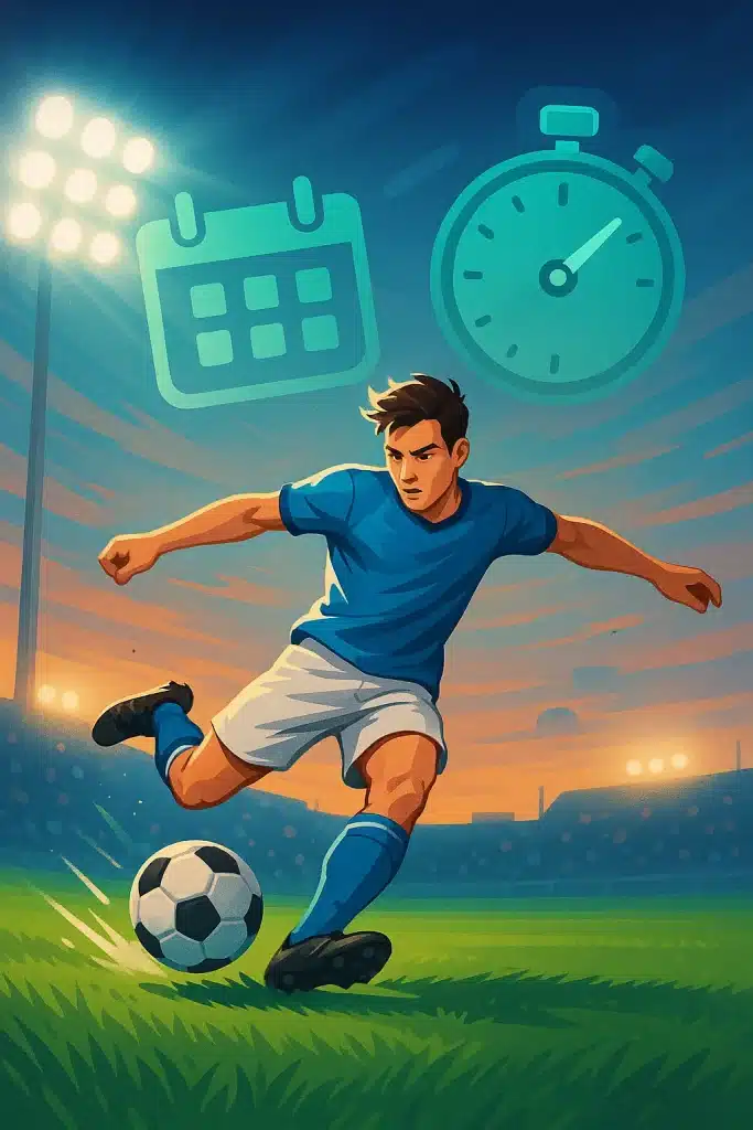 dynamic soccer player on field with calendar and stopwatch icons representing soccer training schedule