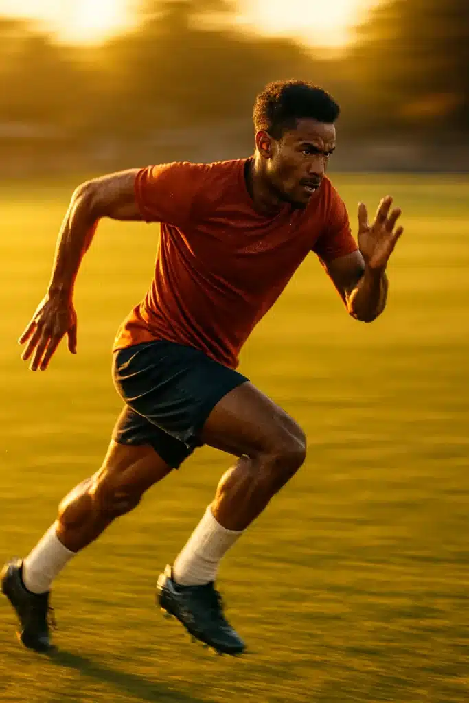 dynamic soccer player sprinting on grass field symbolizing soccer endurance training passion and energy