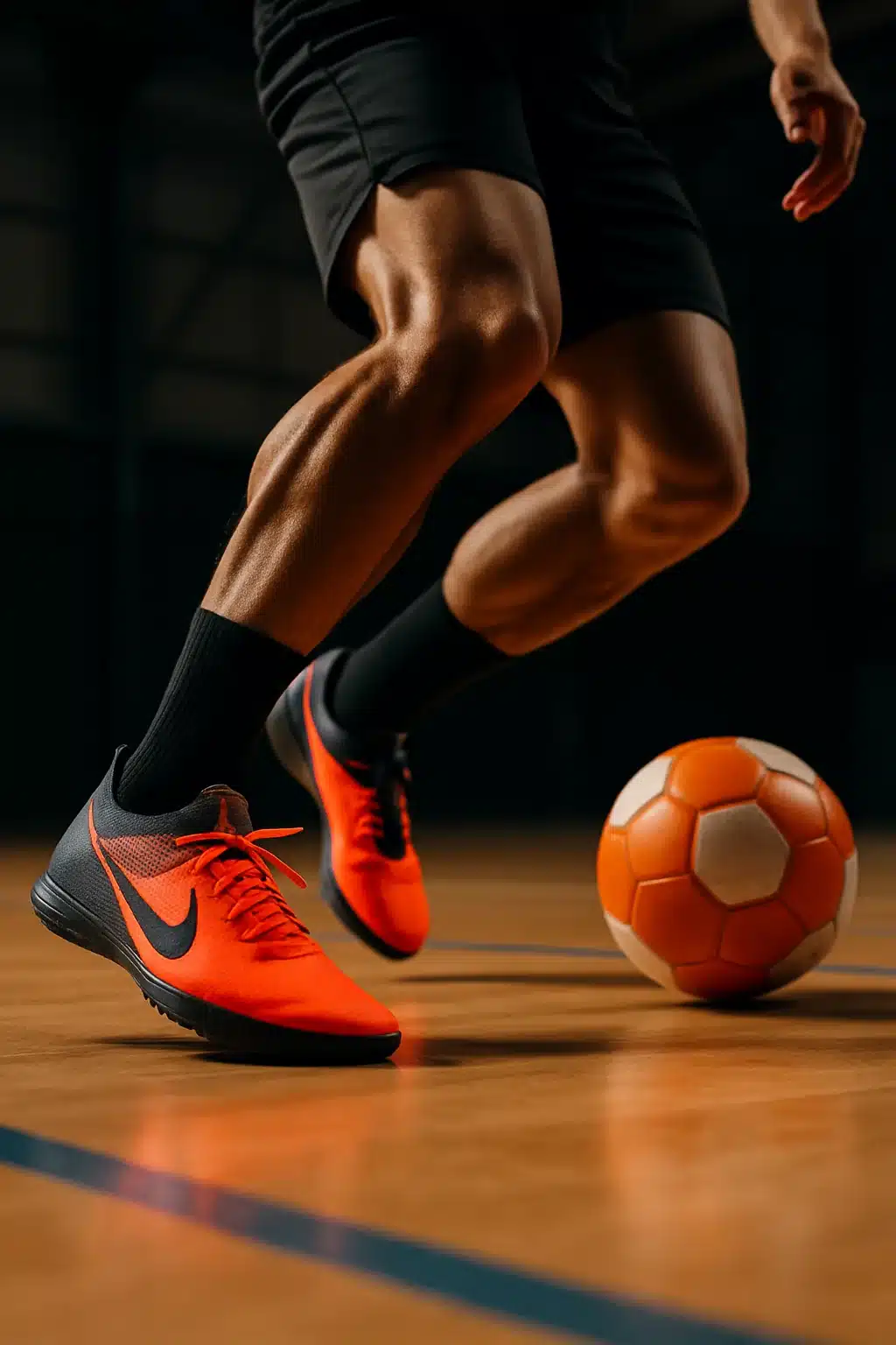 dynamic soccer player wearing best indoor soccer shoes on indoor court for soccer ball lovers