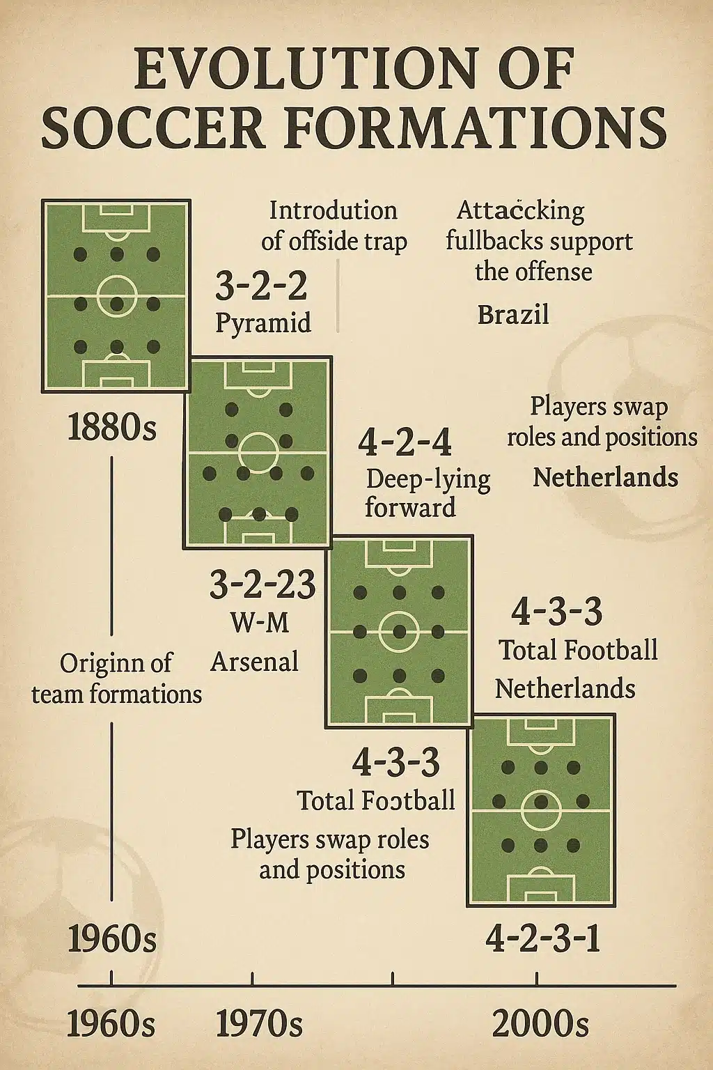 educational timeline chart showing evolution of soccer team formations from two three five to modern