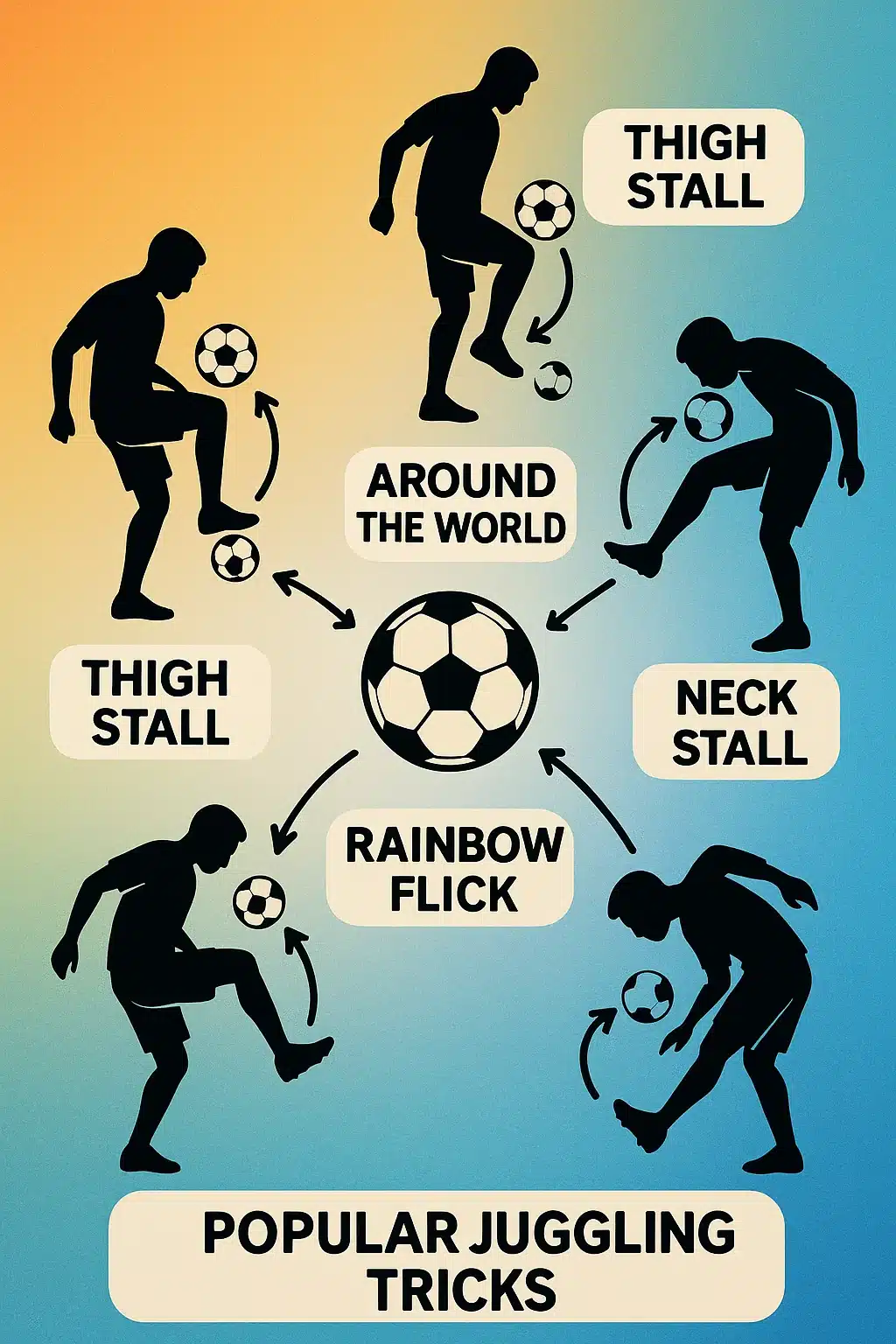 five popular soccer juggling tricks diagram with ball movement paths and player silhouettes