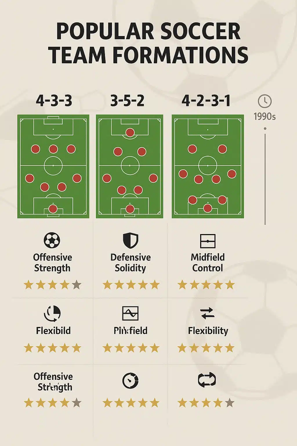 infographic comparing popular soccer team formations with player setups and strategy ratings