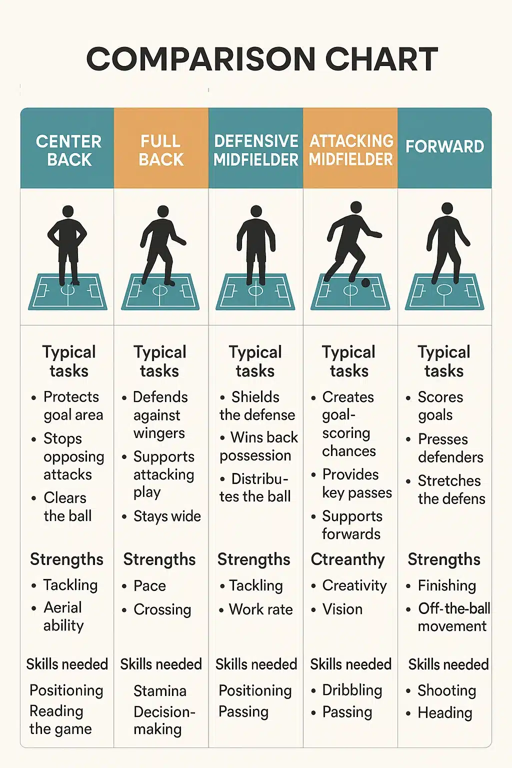 5 Essential Soccer Field Positions Every Ball Lover Should Know 5 infographic comparing soccer field positions center back full back midfielder and forward roles