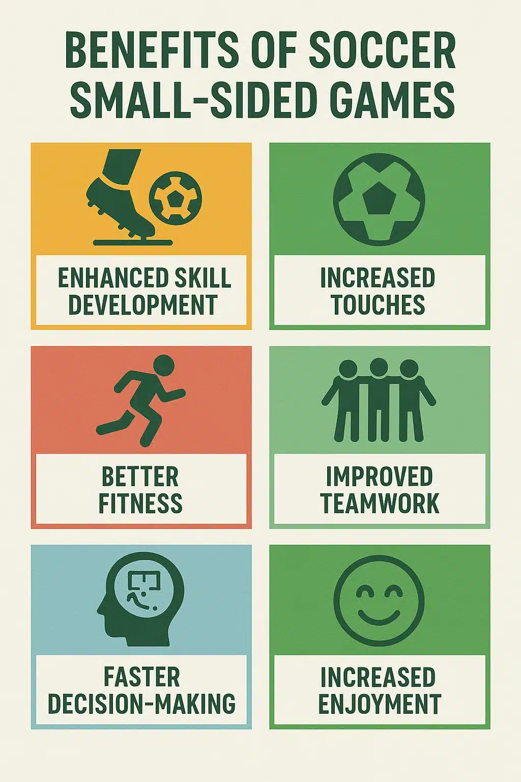 infographic showing six essential benefits of soccer small sided games with icons