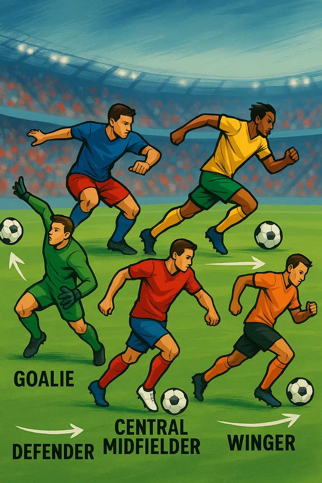 5 Essential Soccer Field Positions Every Ball Lover Should Know 3 key soccer field positions players in action poses illustrating goalie defender midfielder winger an