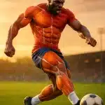 powerful soccer strength training player striking ball on field with muscle highlights