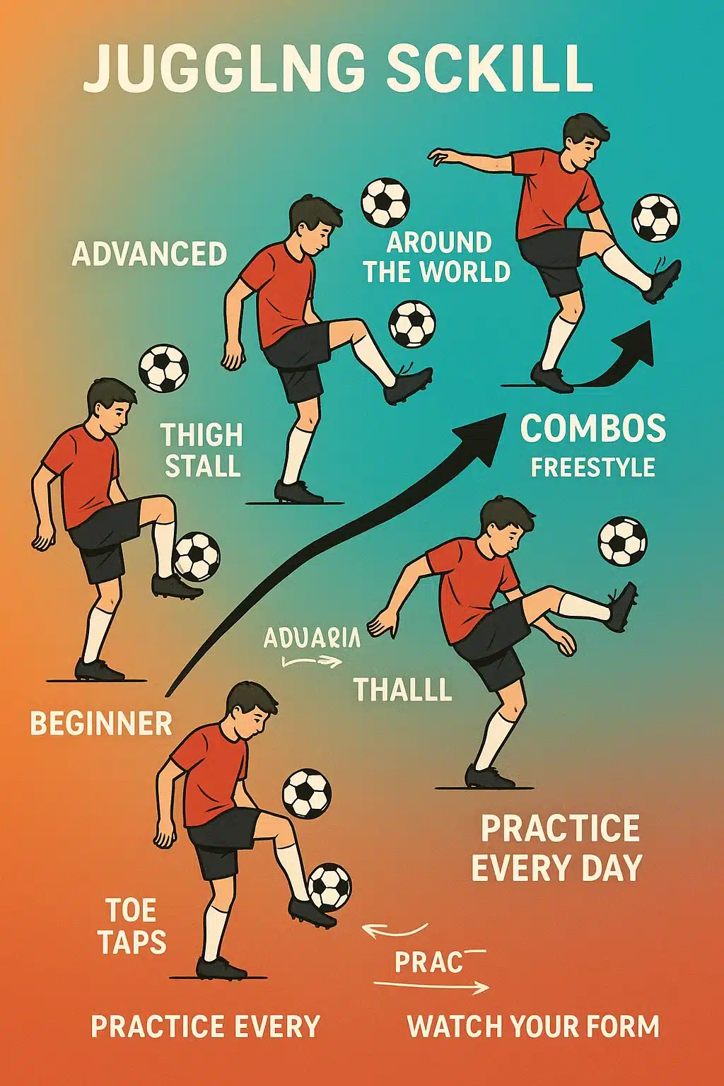 progression chart of soccer juggling tricks skill levels from beginner to advanced with practice tip