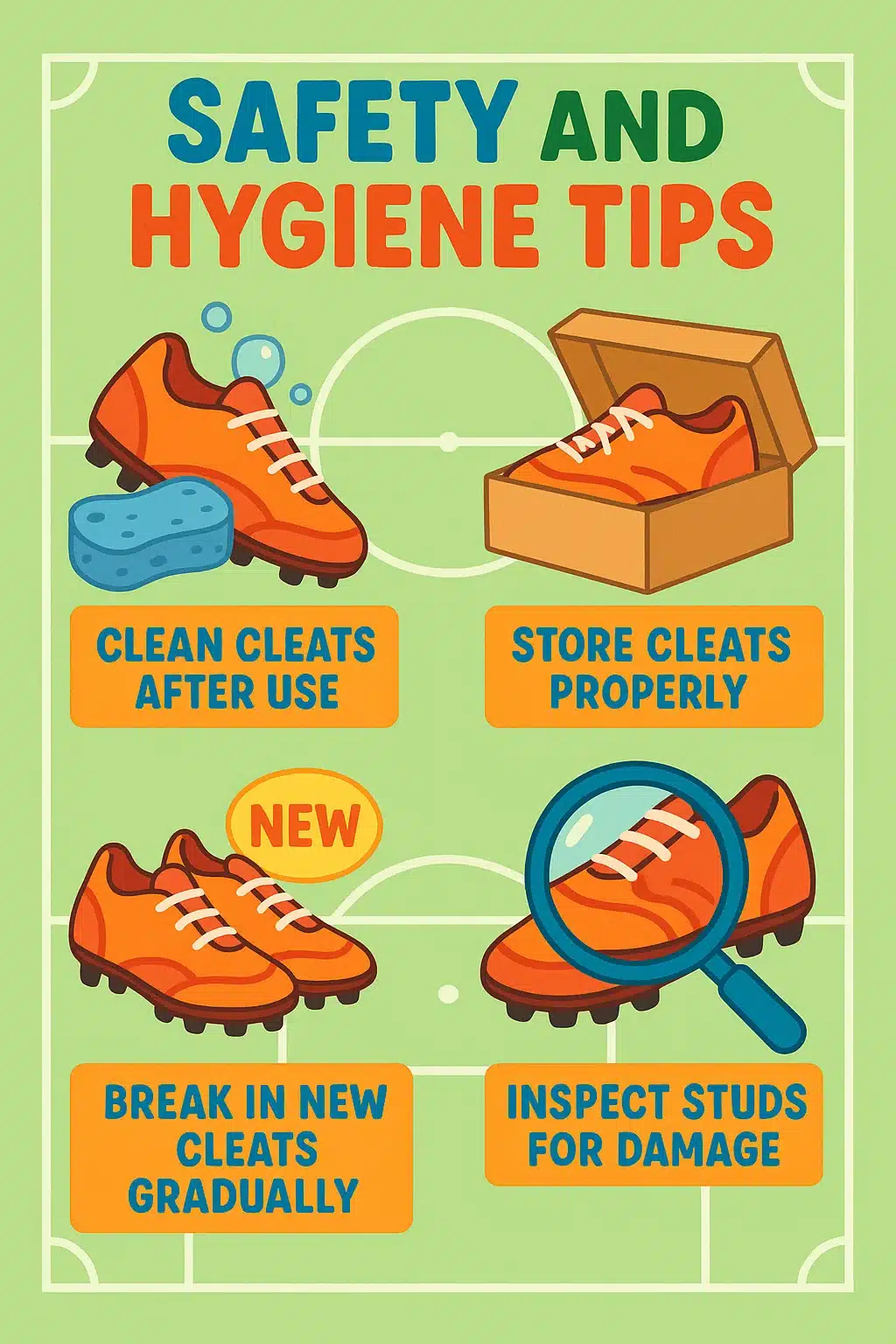 9 Best Soccer Cleats For Kids To Boost Performance and Comfort 6 safety and hygiene tips for soccer cleats for kids with illustrated icons