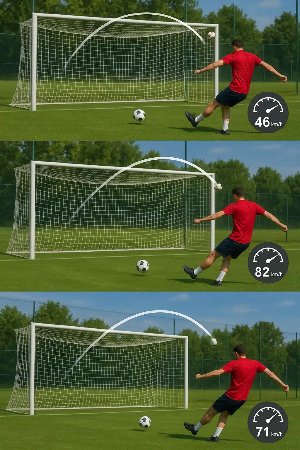 5 Powerful Soccer Shooting Drills Every Soccer Ball Lover Needs 4 sequence collage of soccer shooting drills from different distances showing ball trajectory and spee