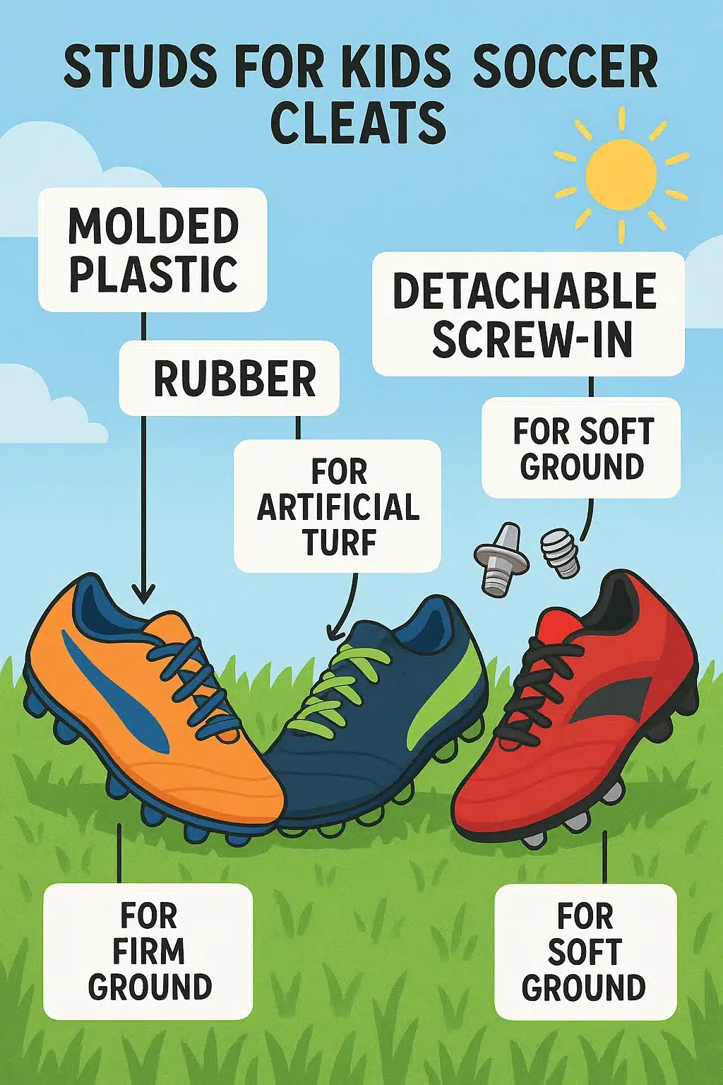 9 Best Soccer Cleats For Kids To Boost Performance and Comfort 3 side by side types of studs on soccer cleats for kids with field condition labels