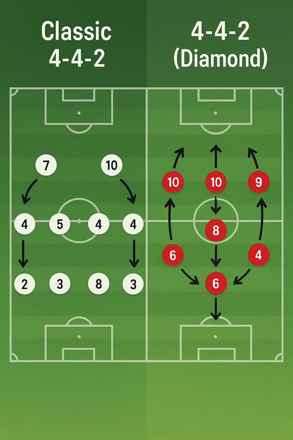 soccer 4 4 2 formation classic versus diamond midfield tactical comparison diagram