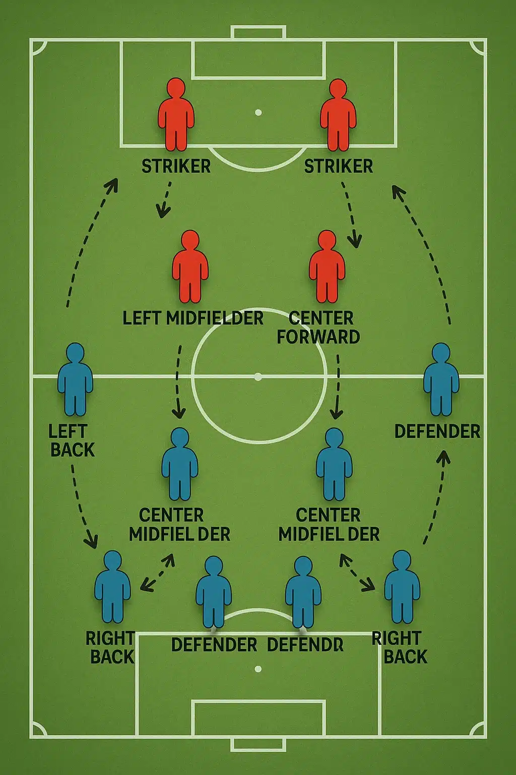 soccer 4 4 2 formation detailed diagram showing player positions and movement zones on soccer field