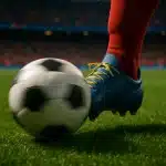 soccer ball control close up of foot controlling spinning ball on grass in stadium environment