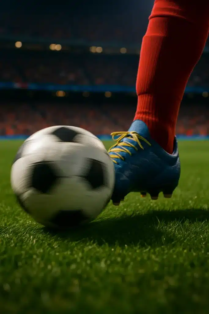 soccer ball control close up of foot controlling spinning ball on grass in stadium environment