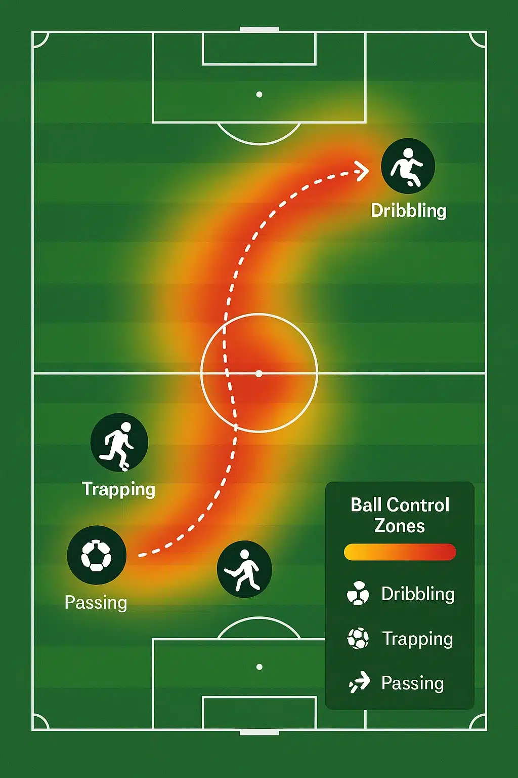 Master 5 Essential Soccer Ball Control Skills for Every Player 6 soccer ball control field zones and dribbling paths diagram with heatmap highlights