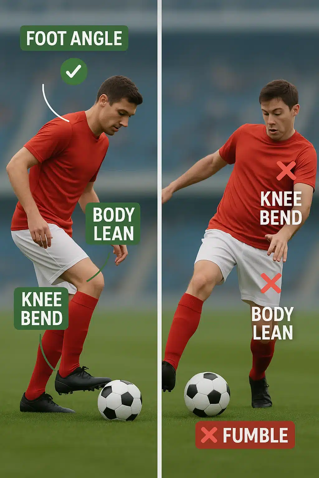 Master 5 Essential Soccer Ball Control Skills for Every Player 4 soccer ball control first touch comparison demonstrating correct versus incorrect techniques