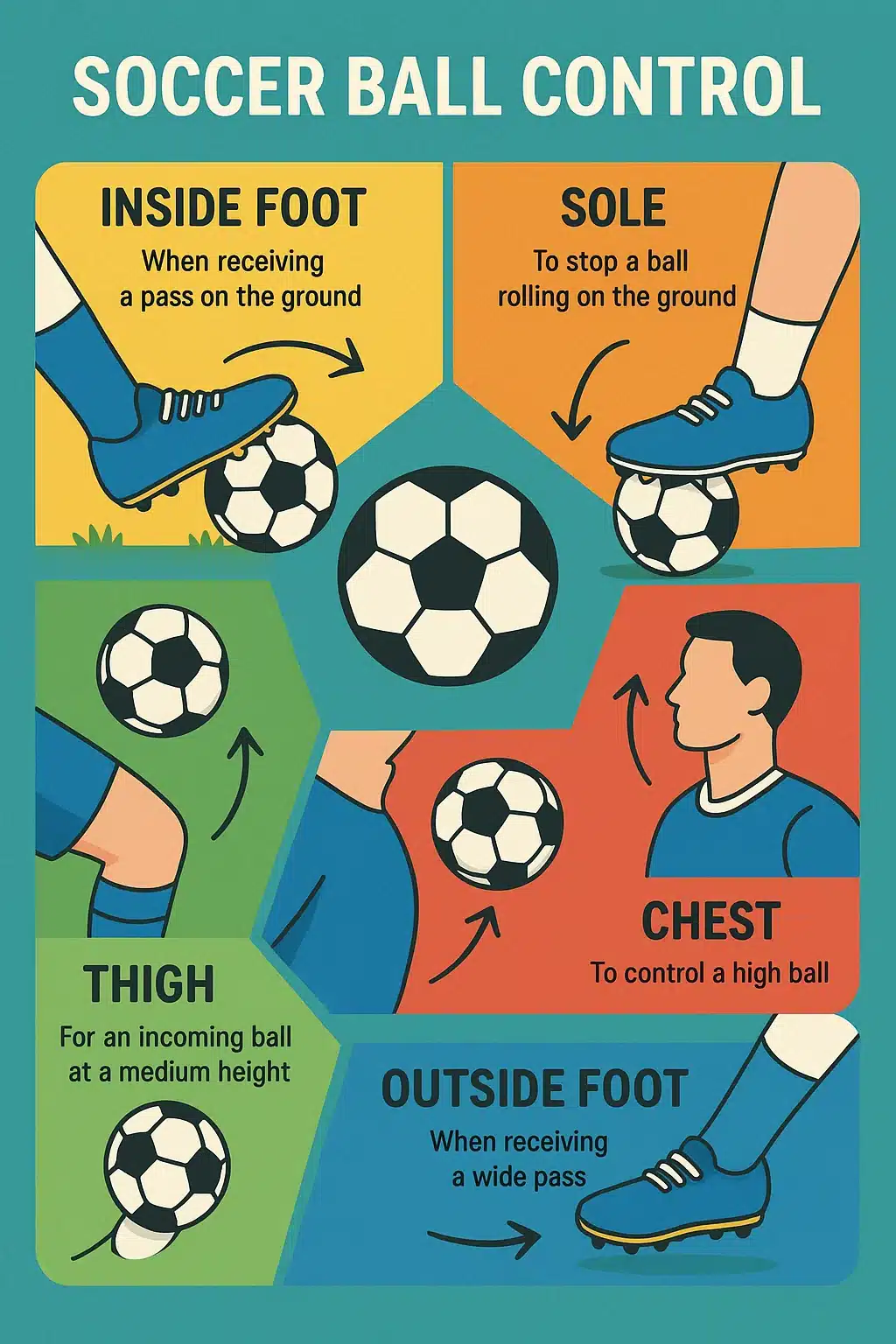 Master 5 Essential Soccer Ball Control Skills for Every Player 5 soccer ball control techniques explained with diagrams of five control surfaces