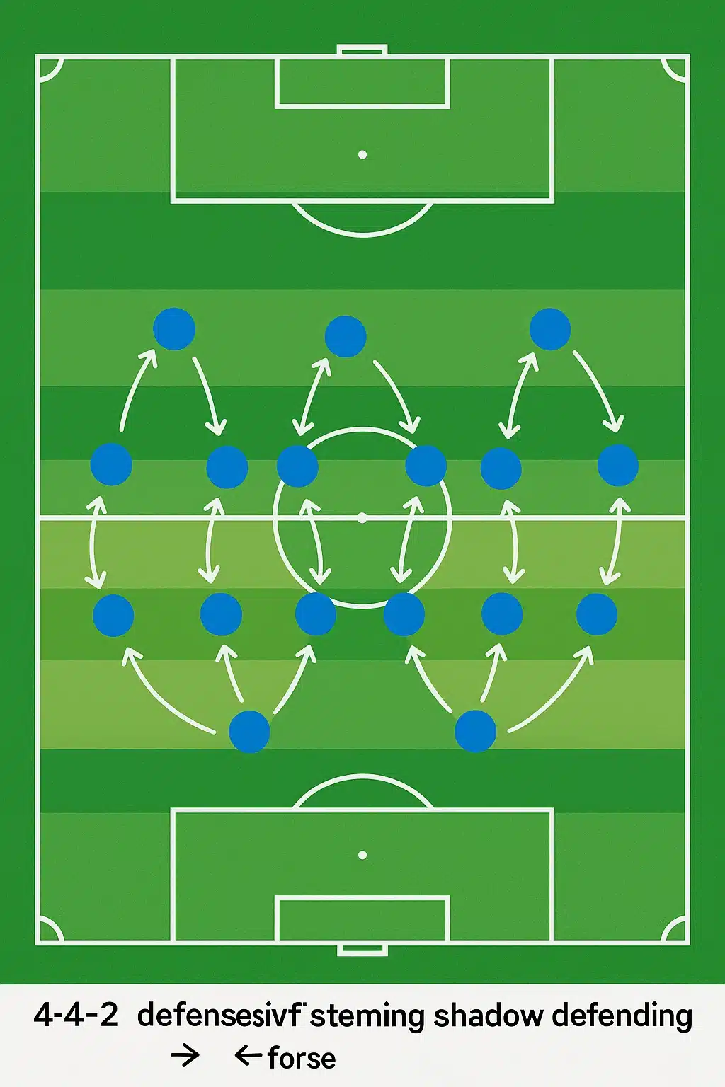 soccer defense drills field diagram showing 4 4 2 formation and shadow defending movements