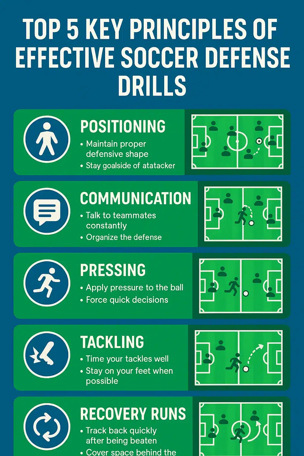 soccer defense drills infographic showing top five defensive principles with tips and graphics