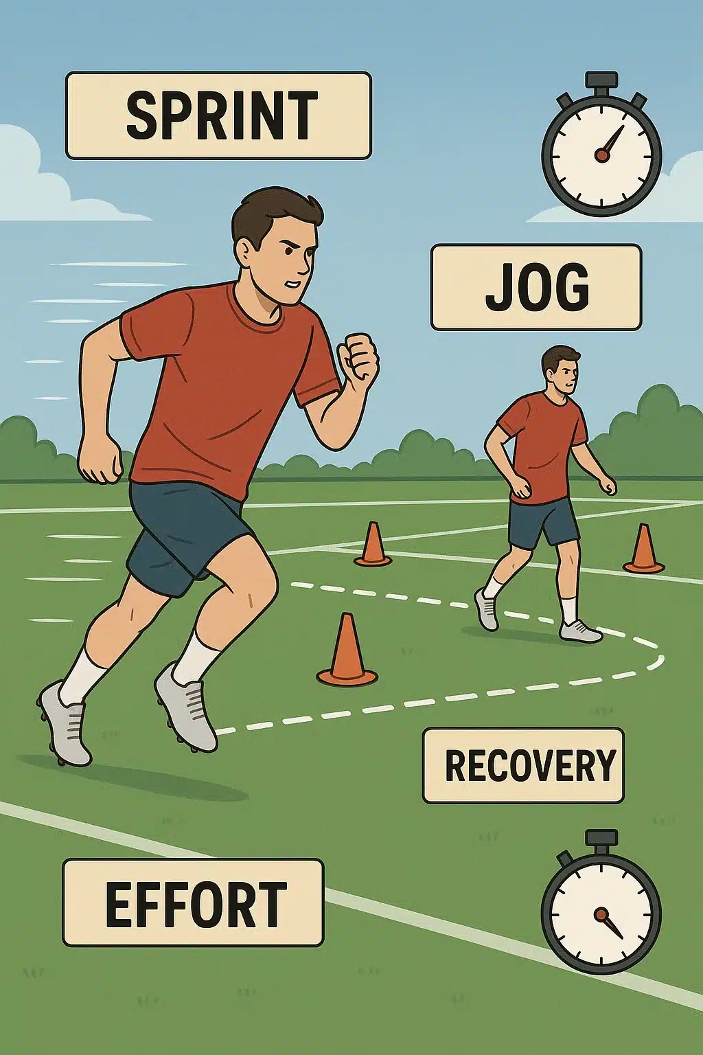 soccer endurance training interval sprint drill with cones stopwatch showing effort and recovery pha