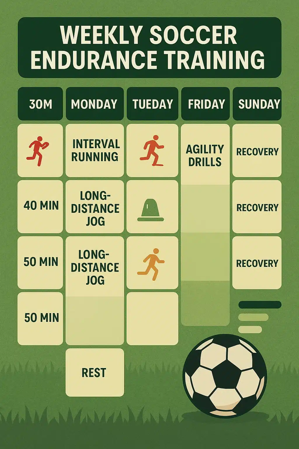 soccer endurance training weekly workout schedule with interval running long distance jogging agilit