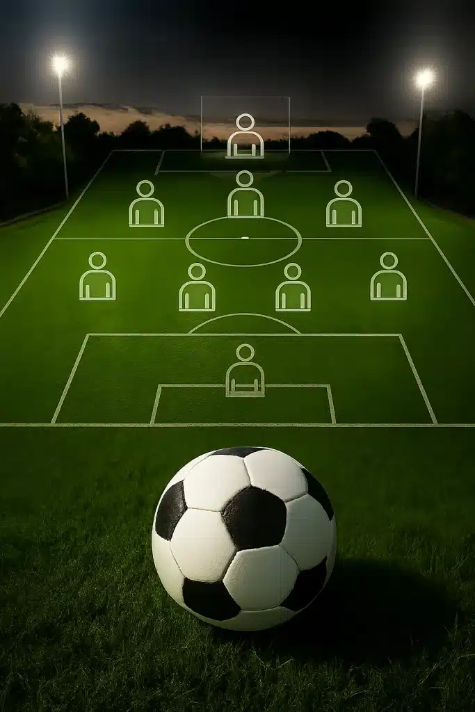soccer field positions aerial view with soccer ball on grass symbolizing strategy and passion