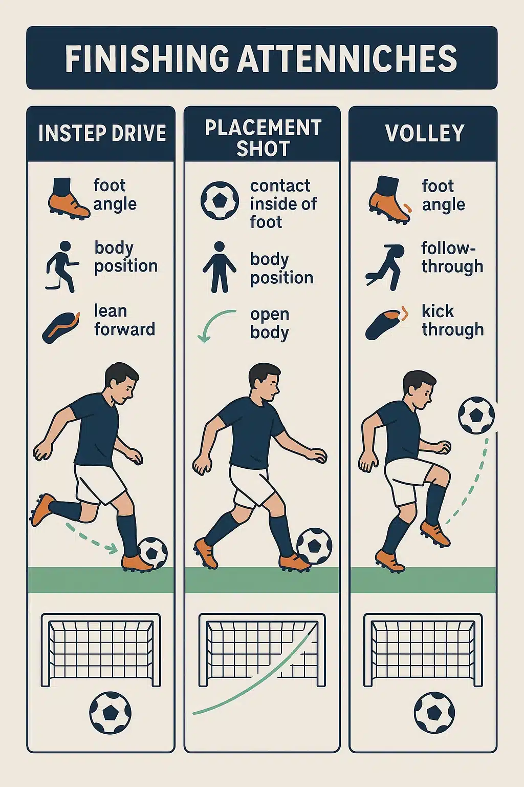 5 Powerful Soccer Finishing Drills For Every Soccer Ball Lover 4 soccer finishing drills infographic showing shot techniques instep drive placement volley