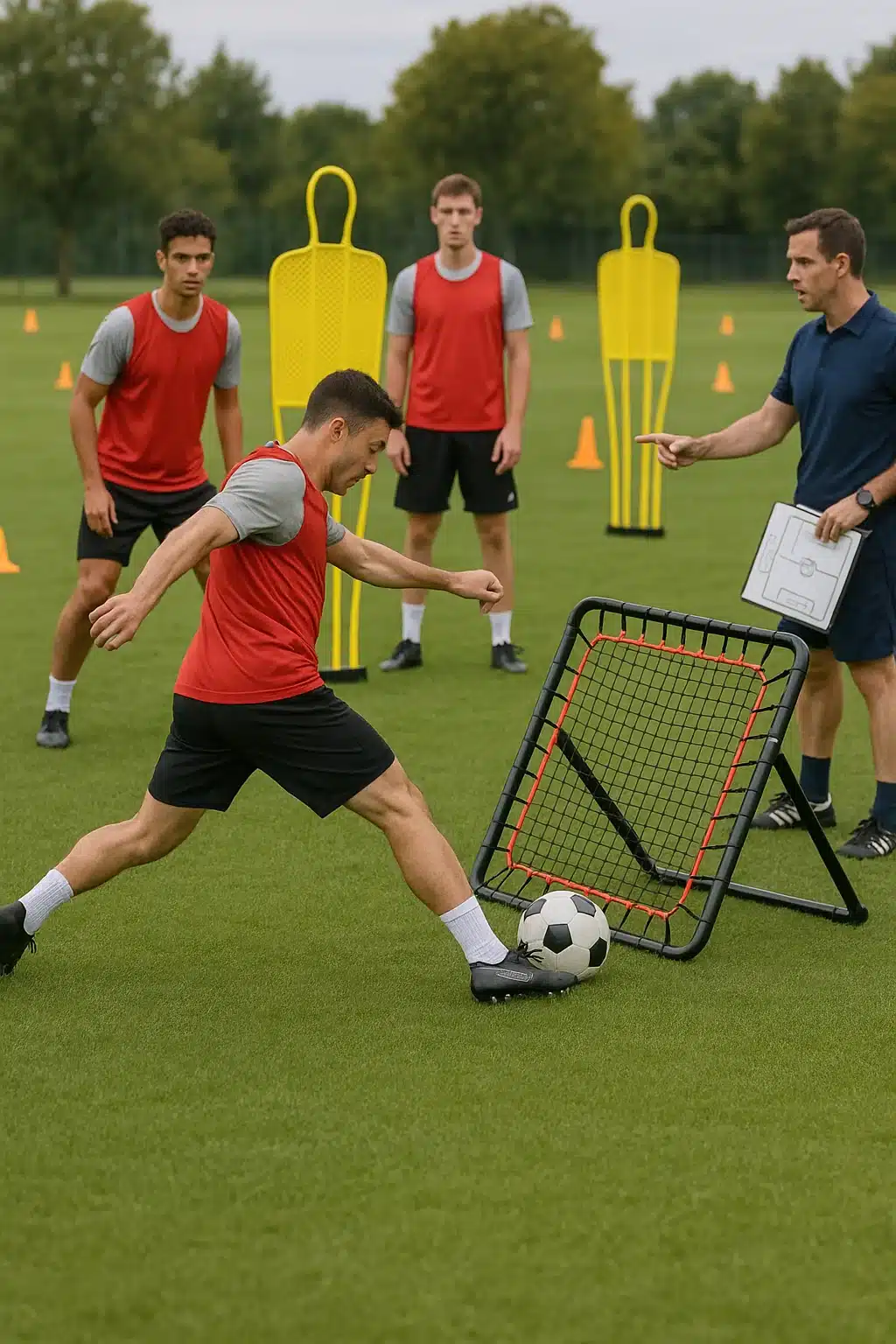 5 Powerful Soccer Finishing Drills For Every Soccer Ball Lover 6 soccer finishing drills training session players practicing shots with rebound nets and mannequins