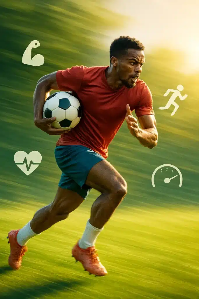 soccer fitness drills energetic soccer player sprinting with soccer ball and fitness icons