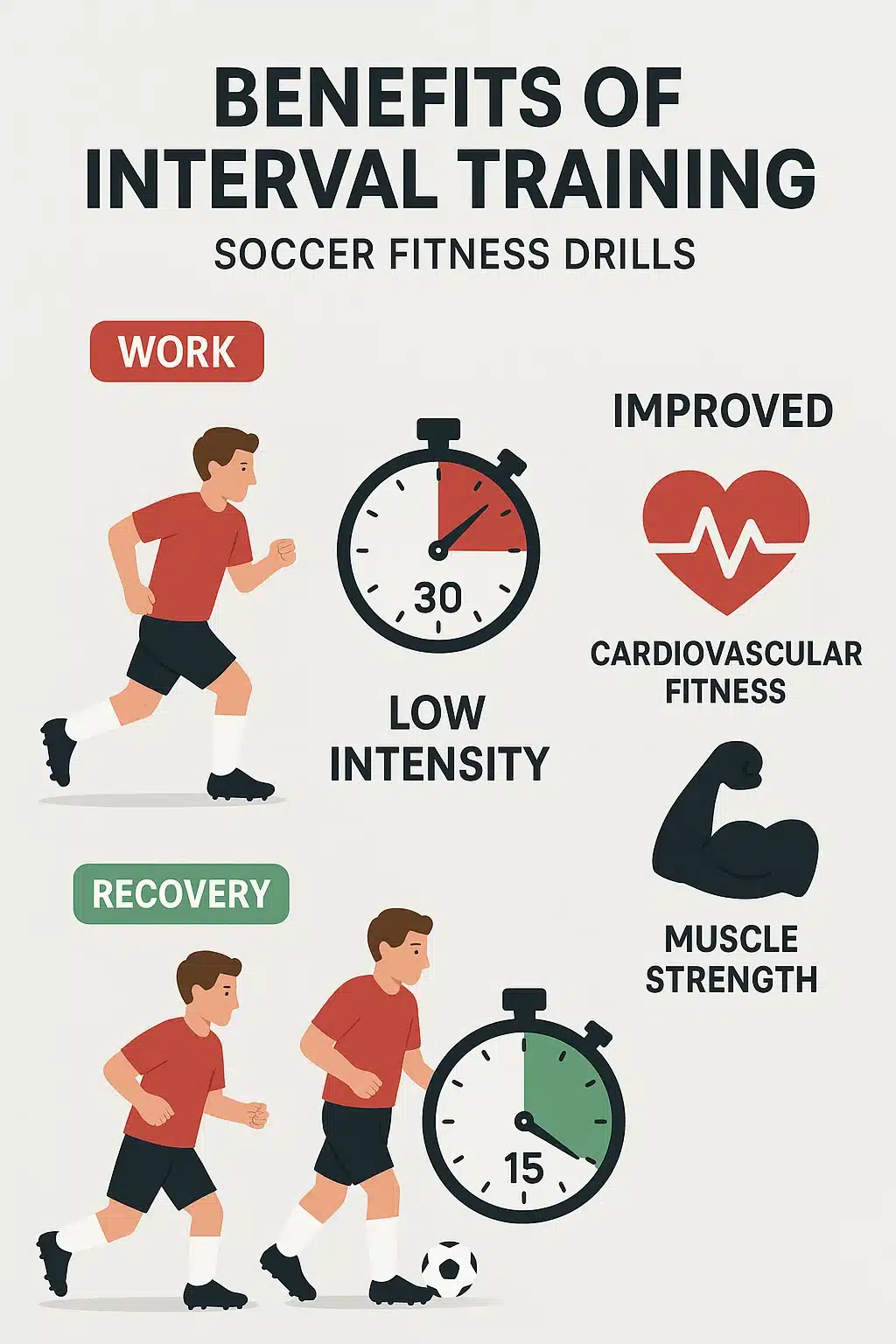 soccer fitness drills interval training infographic with work recovery phases and fitness benefits