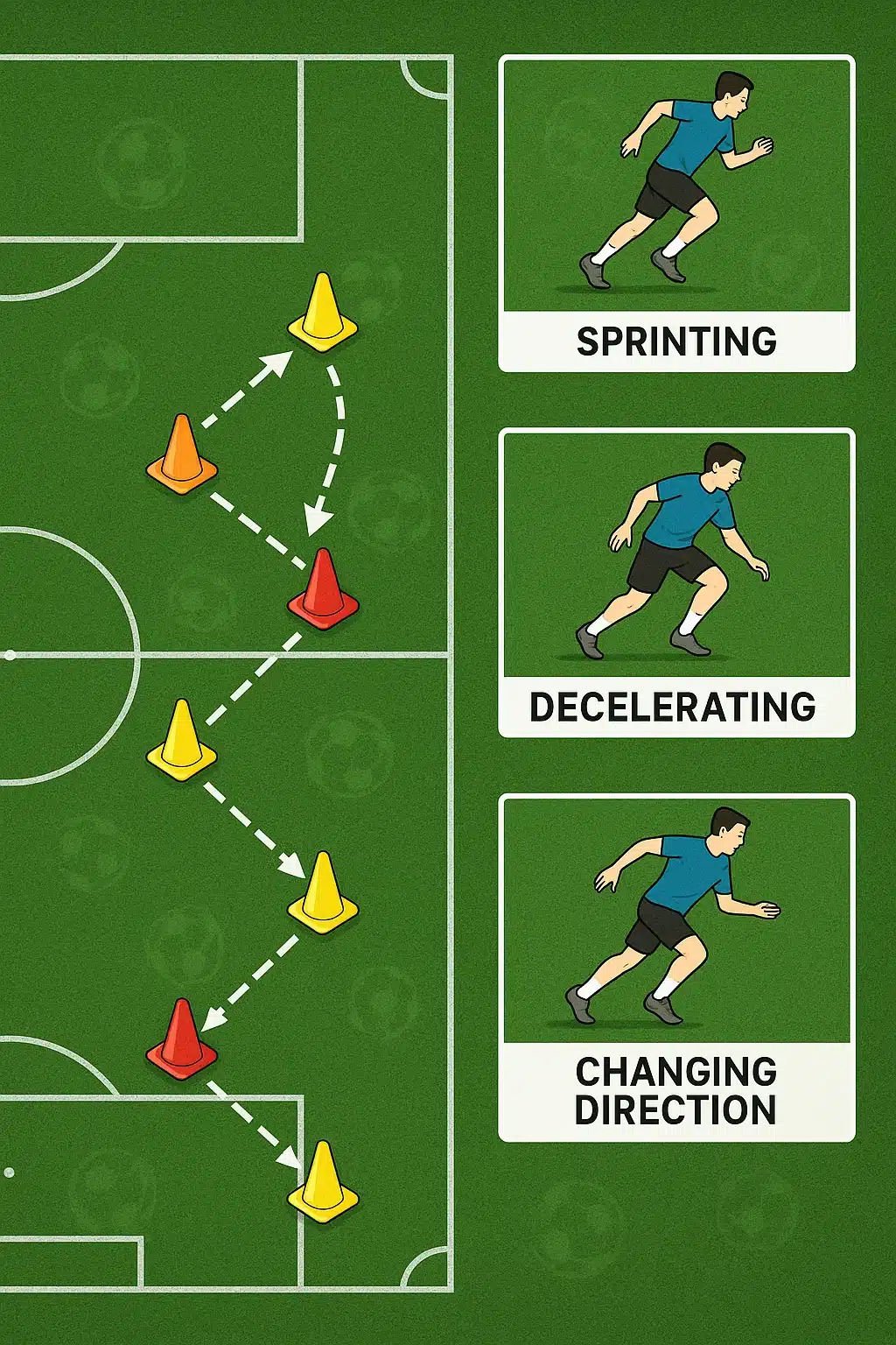soccer fitness drills shuttle run drill diagram with cones zigzag pattern and player movement arrows