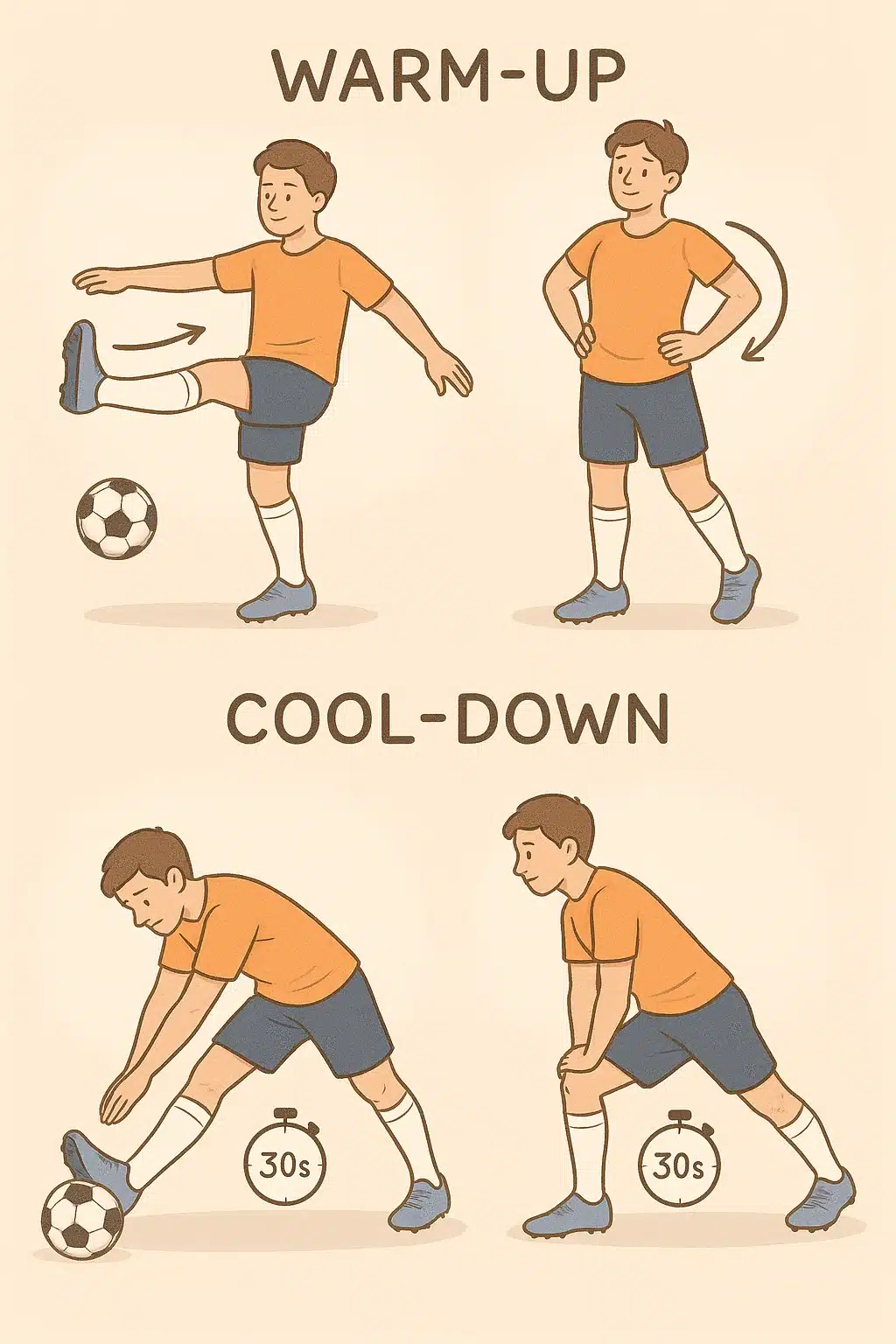soccer fitness drills warmup and cooldown routine with dynamic and static stretch illustrations