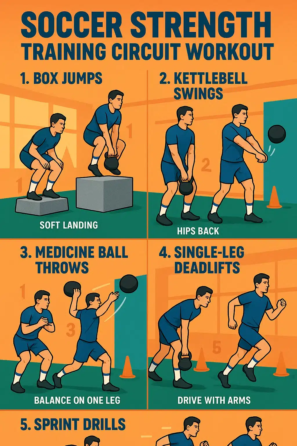 soccer strength training circuit workout with exercise steps and player illustrations