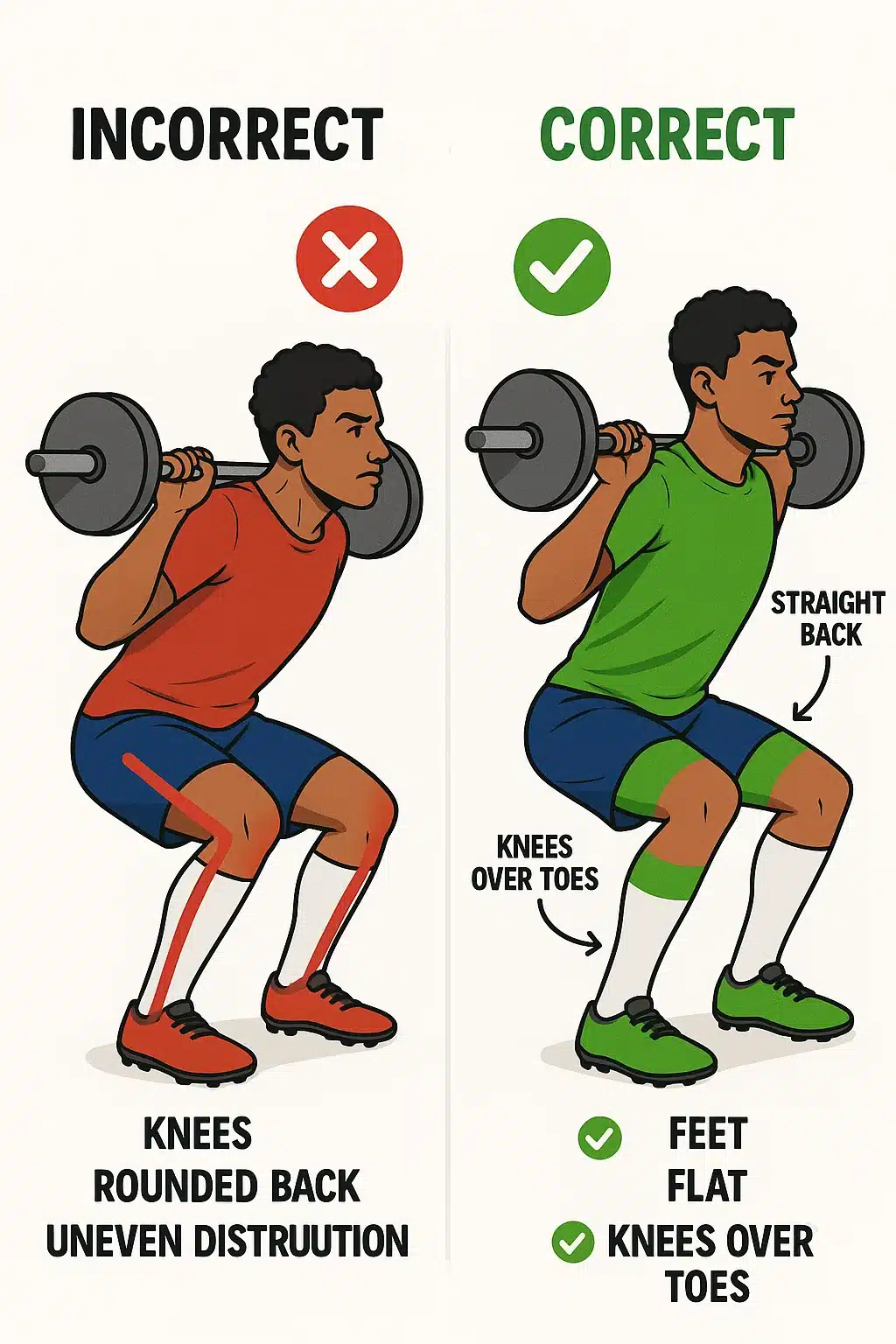 soccer strength training correct versus incorrect squat form for injury prevention