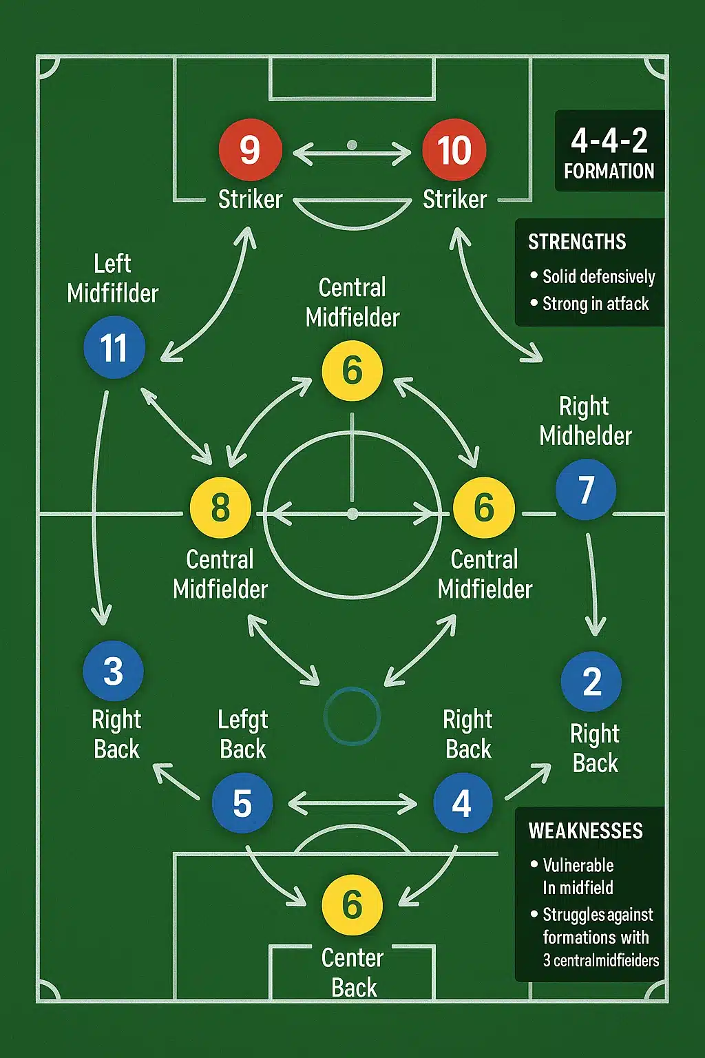 soccer team formations tactical board illustrating classic four four two setup with player positions