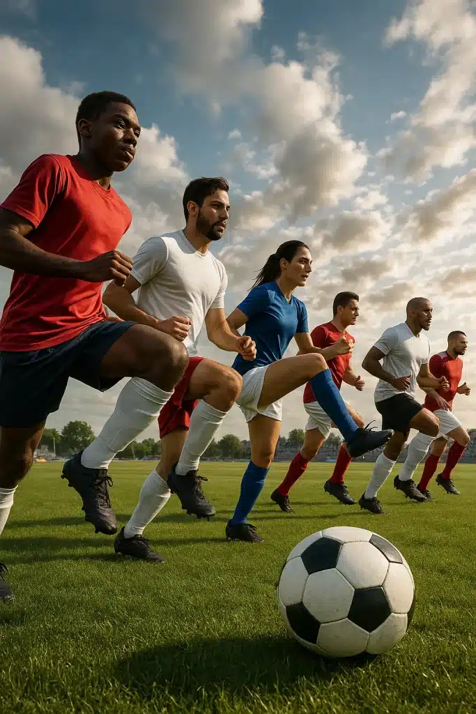 soccer warm up exercises energetic soccer players warming up on field with ball