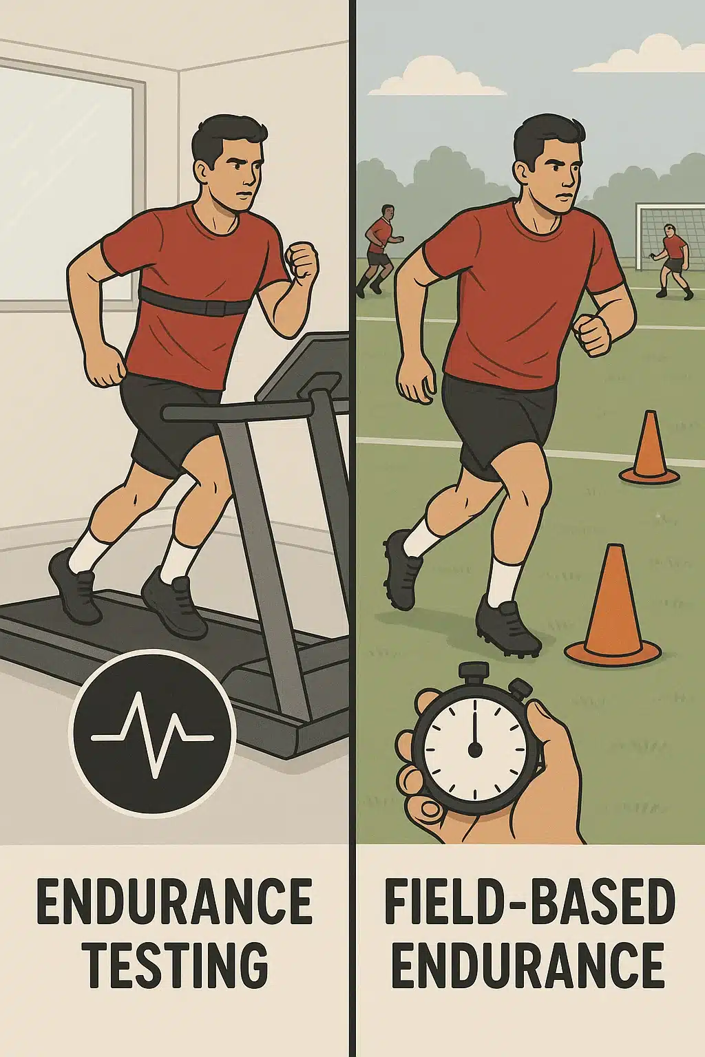 split panel image showing treadmill endurance test and field based drills for soccer endurance train