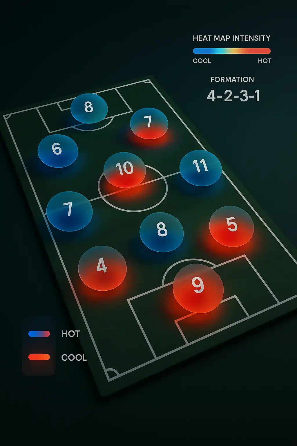 three dimensional heat map visualization of four two three one soccer team formations player positio
