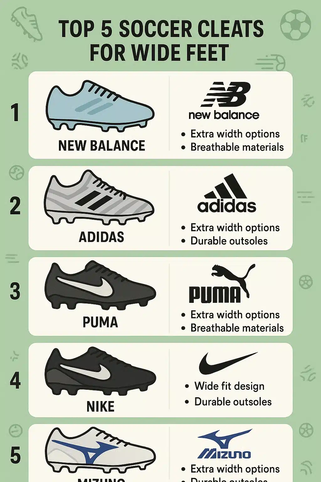 top brands offering soccer cleats for wide feet with cleat images and features