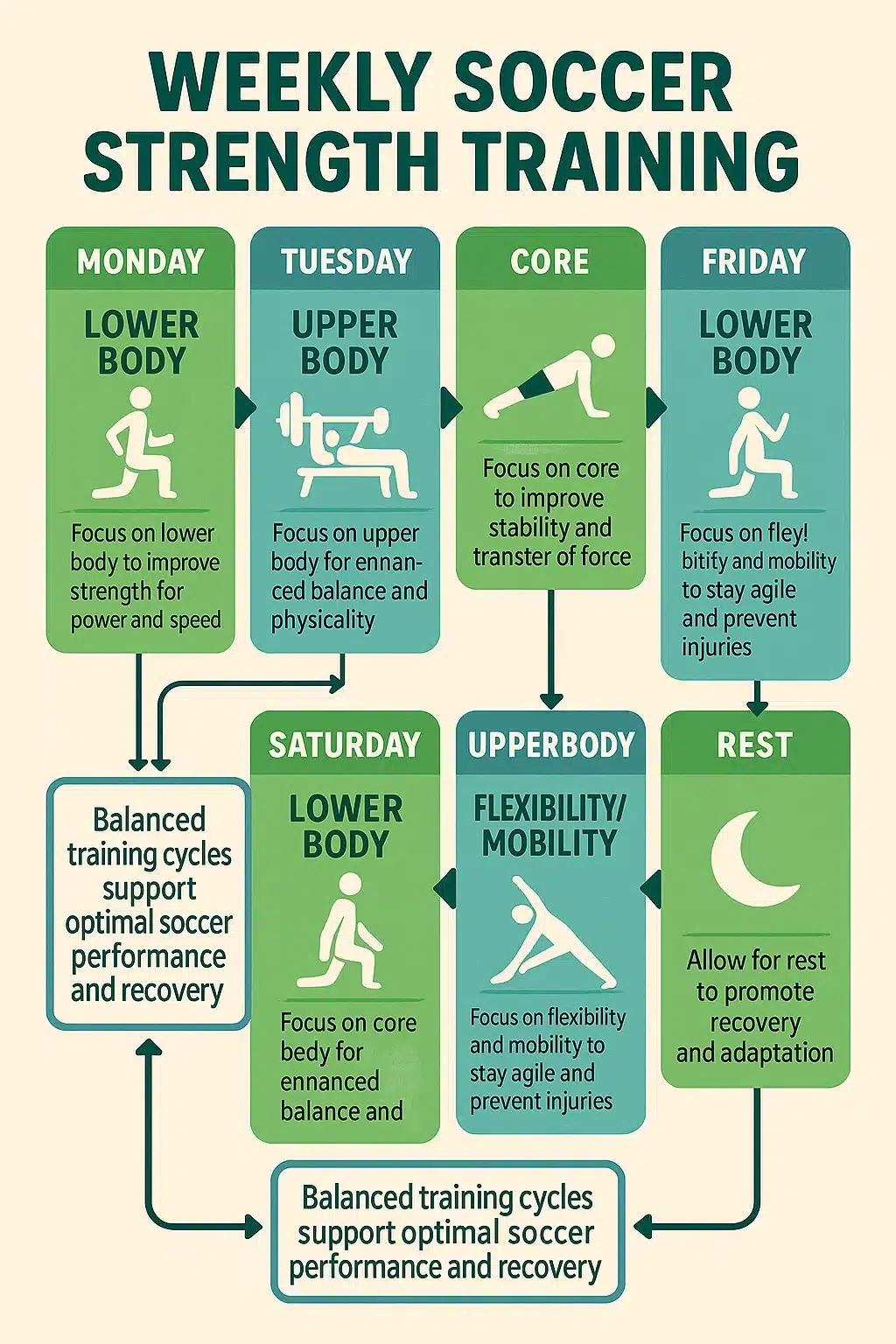 weekly soccer strength training schedule with exercises and recovery tips