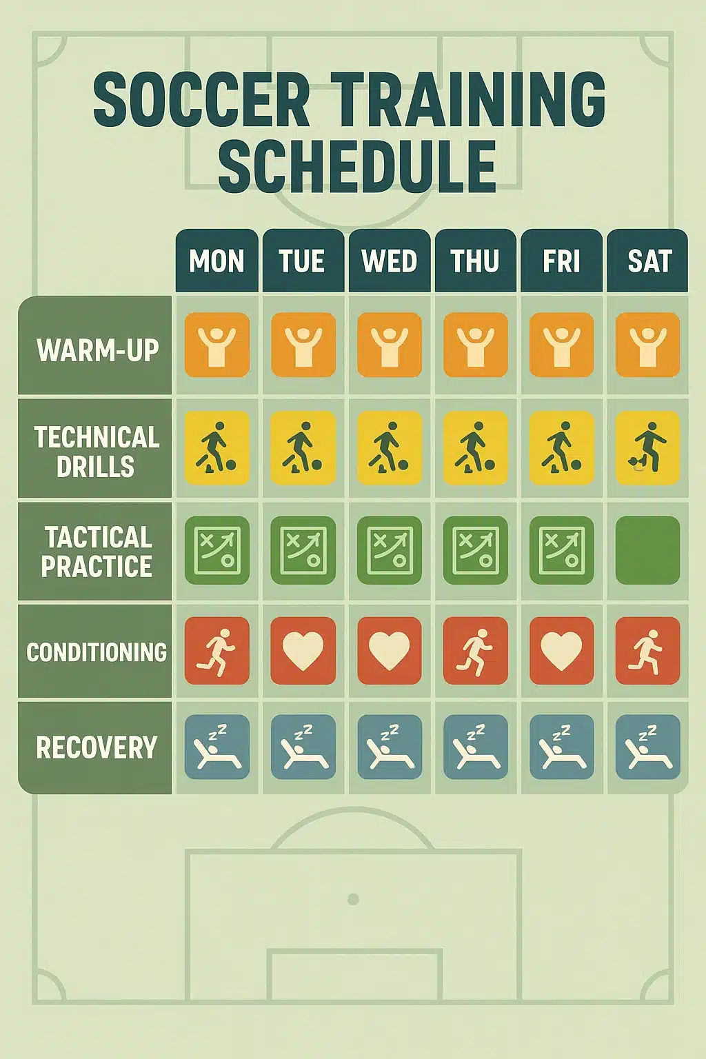 weekly soccer training schedule grid with days and activities for soccer training schedule