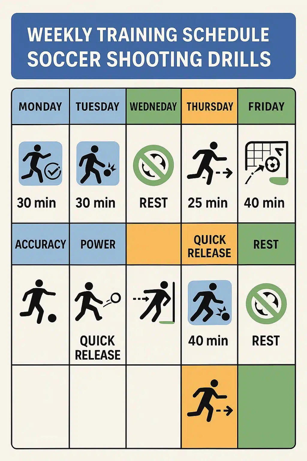 5 Powerful Soccer Shooting Drills Every Soccer Ball Lover Needs 6 weekly training plan infographic for soccer shooting drills focusing on accuracy power and speed tra