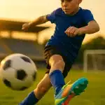 young soccer player wearing vibrant soccer cleats for kids kicking ball on green field