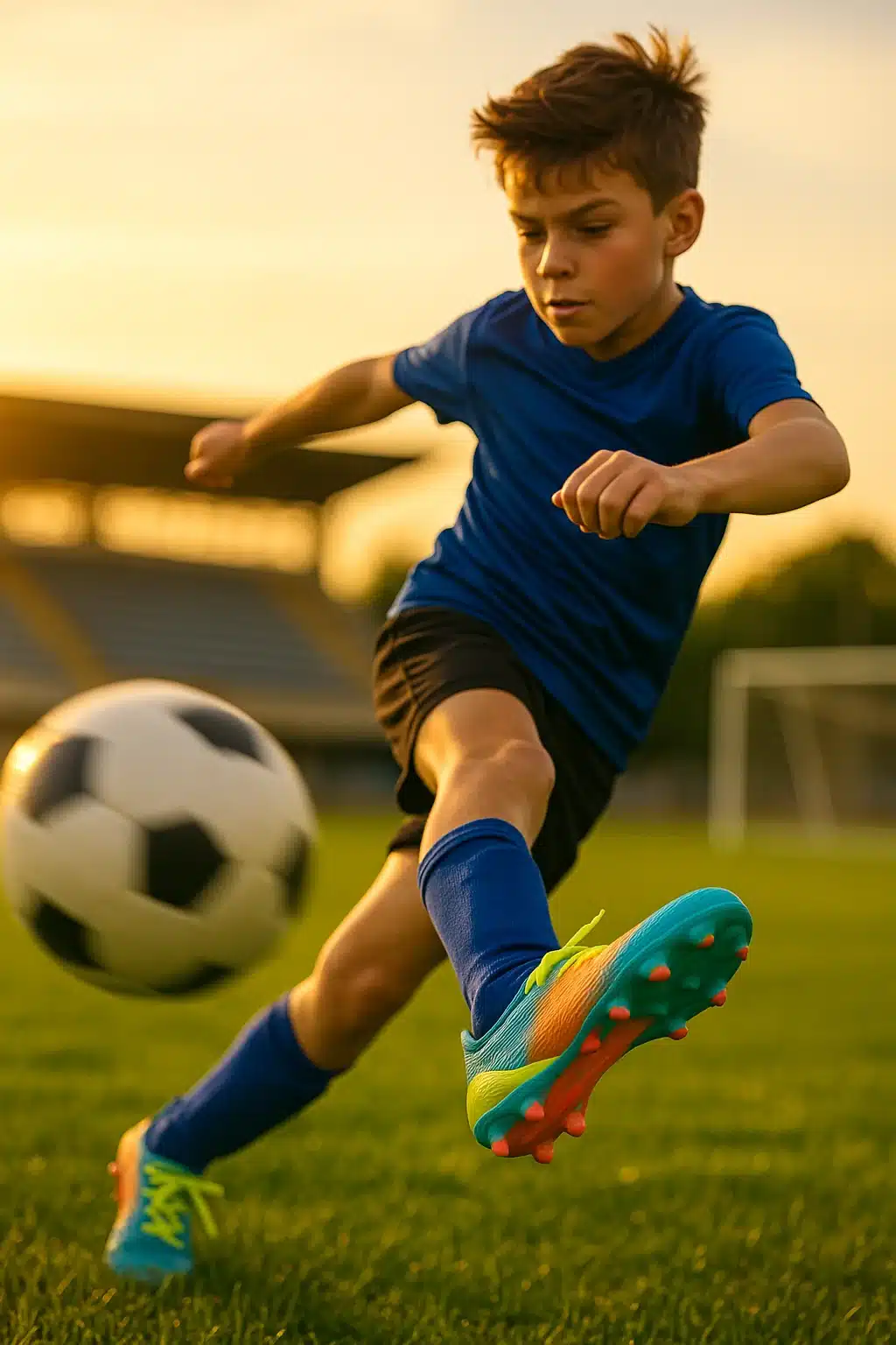 young soccer player wearing vibrant soccer cleats for kids kicking ball on green field